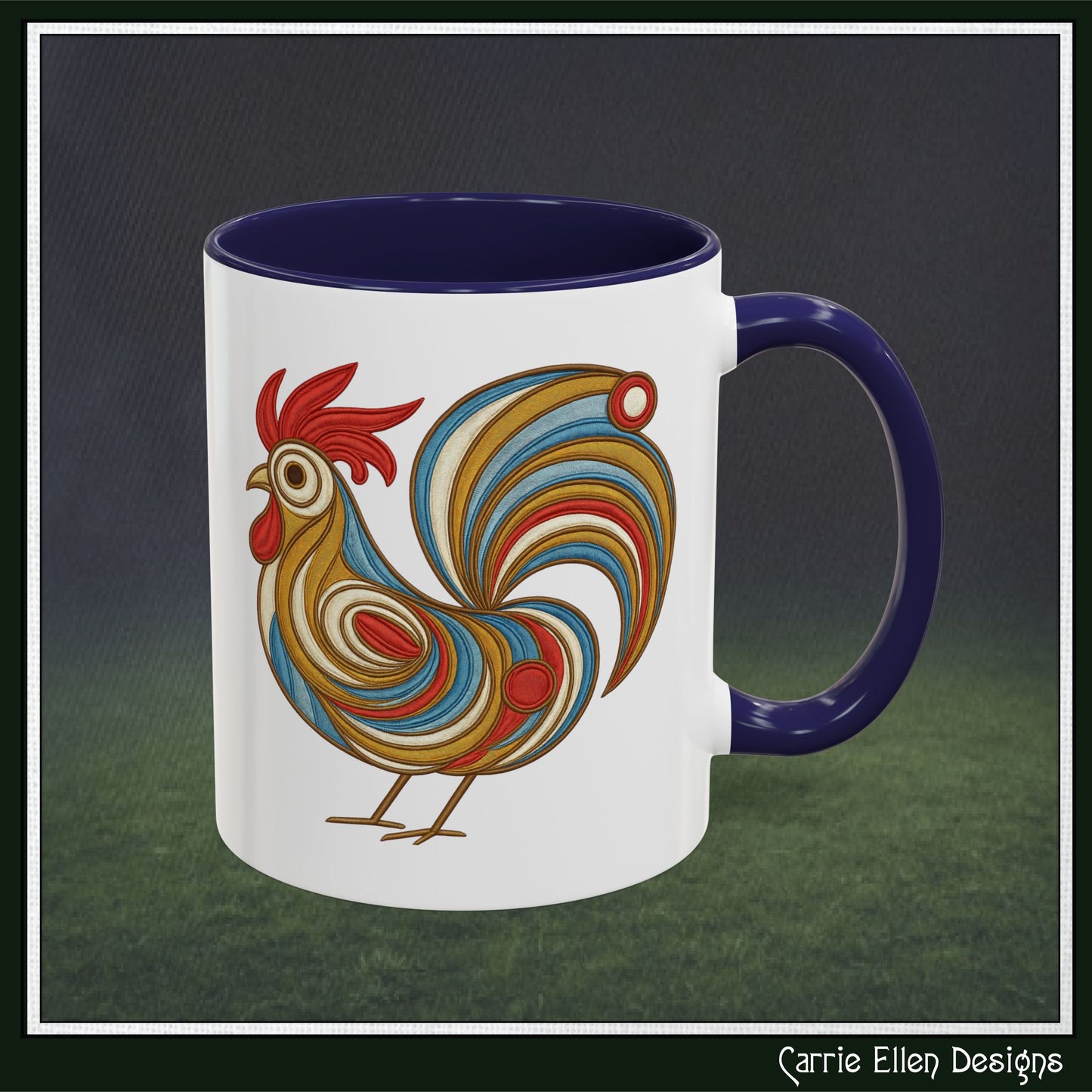 Colorful Rooster Accent Coffee Mug – Abstract Farmhouse Animal Embroidery Styled Print | 11oz & 15oz Ceramic (P-6081)