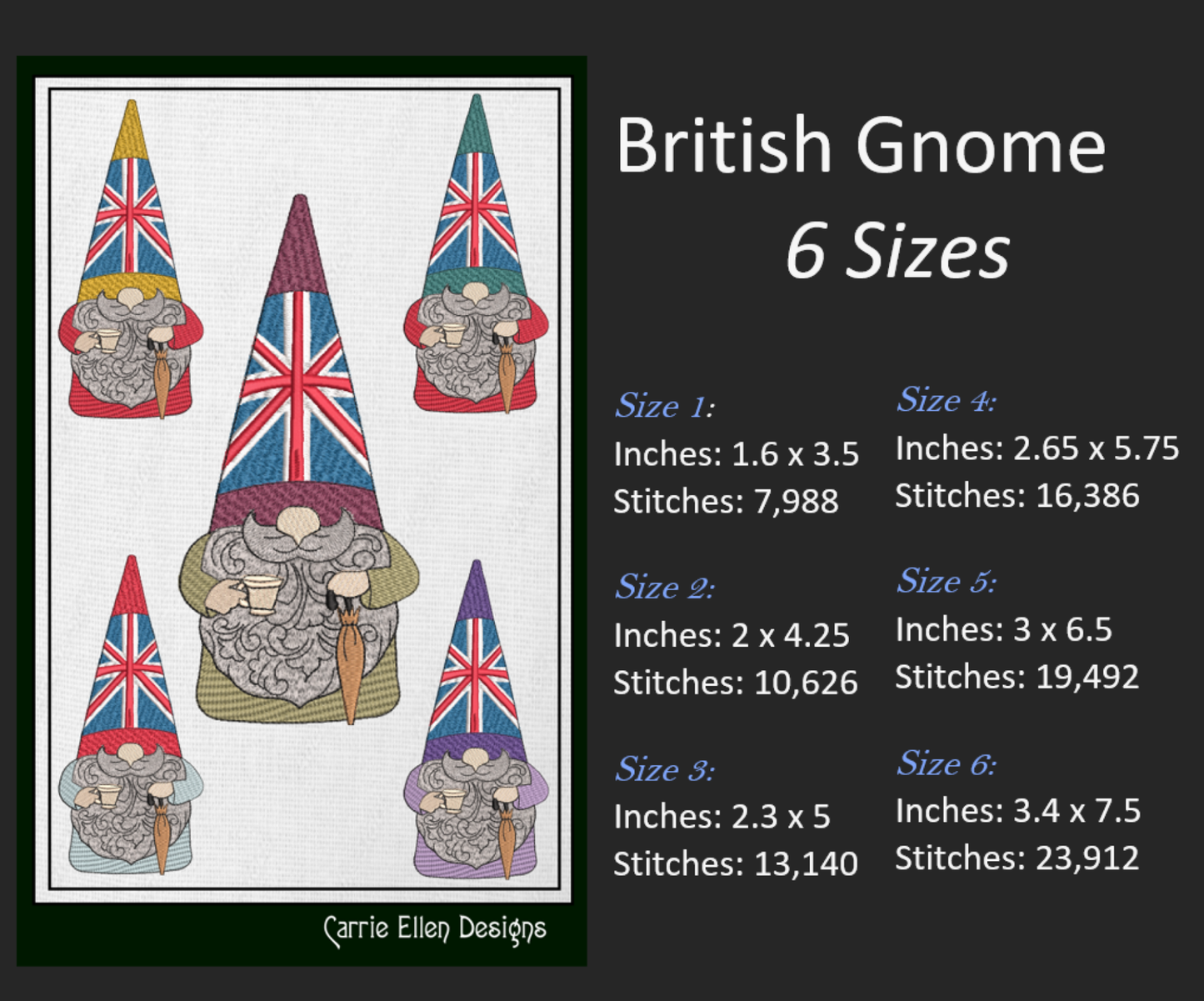 British Gnome Machine Embroidery Design | Cute Gnome with Cup of Tea & Umbrella | UK Flag Gnome Design | 6 Sizes (1794)