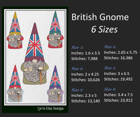 British Gnome Machine Embroidery Design | Cute Gnome with Cup of Tea & Umbrella | UK Flag Gnome Design | 6 Sizes (1794)