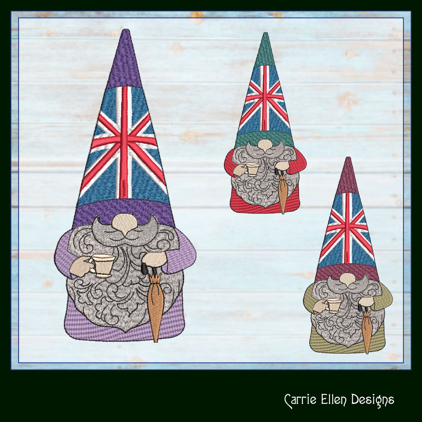 British Gnome Machine Embroidery Design | Cute Gnome with Cup of Tea & Umbrella | UK Flag Gnome Design | 6 Sizes (1794)