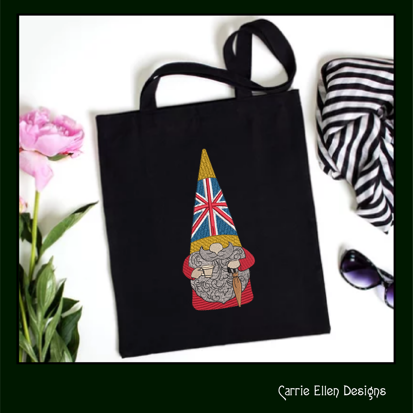 British Gnome Machine Embroidery Design | Cute Gnome with Cup of Tea & Umbrella | UK Flag Gnome Design | 6 Sizes (1794)