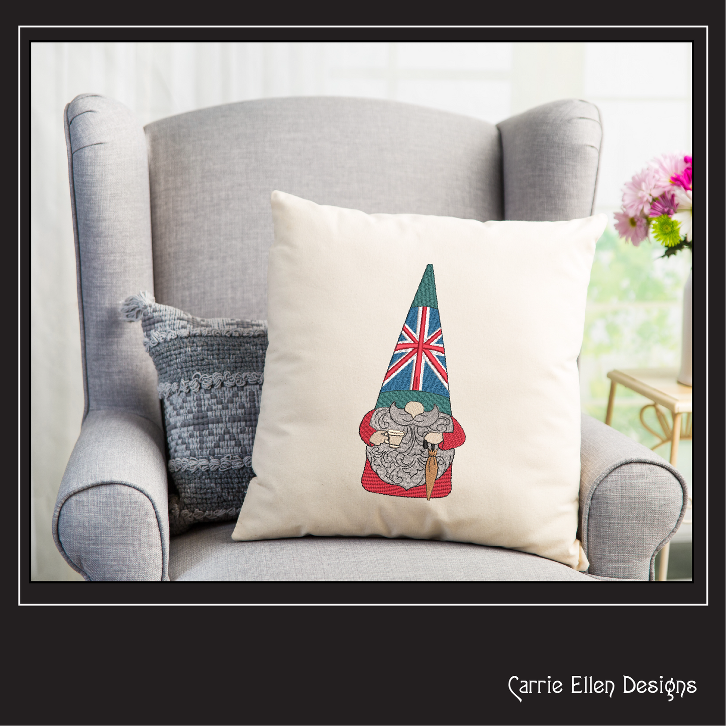 British Gnome Machine Embroidery Design | Cute Gnome with Cup of Tea & Umbrella | UK Flag Gnome Design | 6 Sizes (1794)