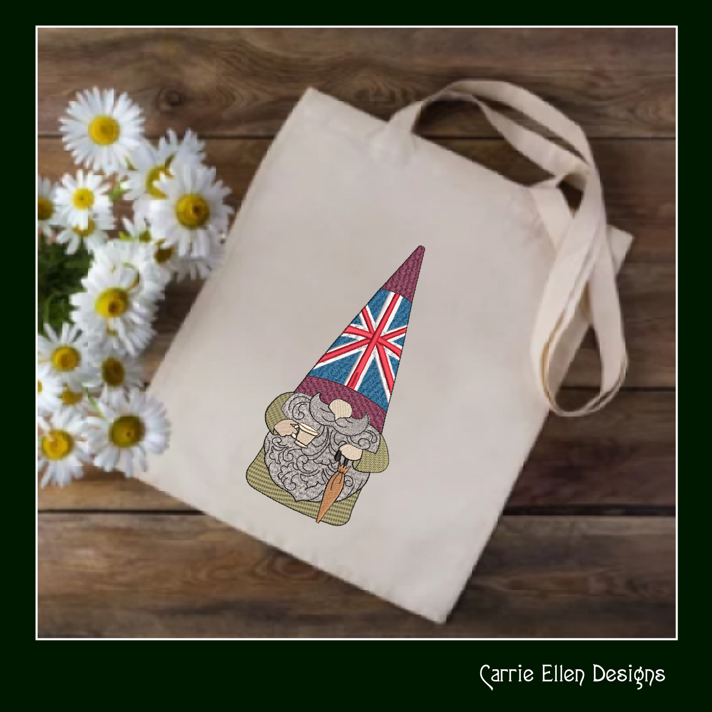 British Gnome Machine Embroidery Design | Cute Gnome with Cup of Tea & Umbrella | UK Flag Gnome Design | 6 Sizes (1794)