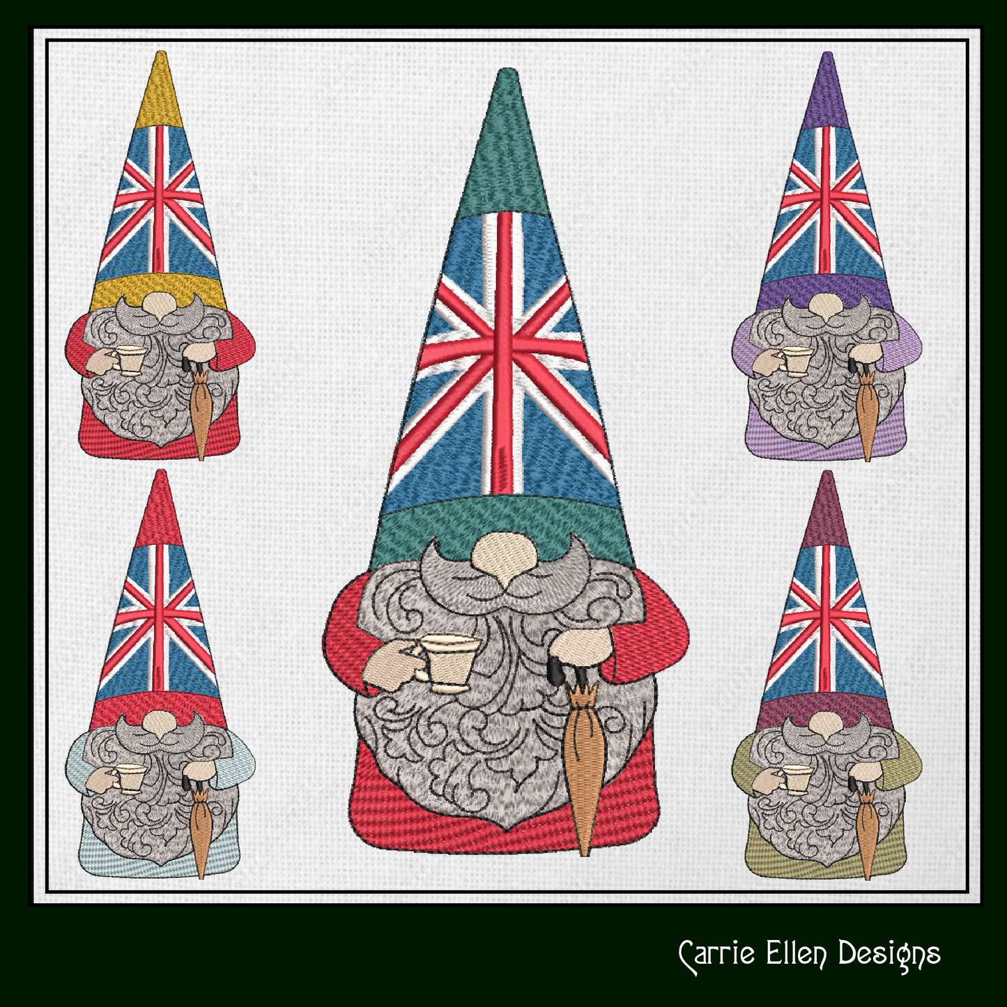 British Gnome Machine Embroidery Design | Cute Gnome with Cup of Tea & Umbrella | UK Flag Gnome Design | 6 Sizes (1794)