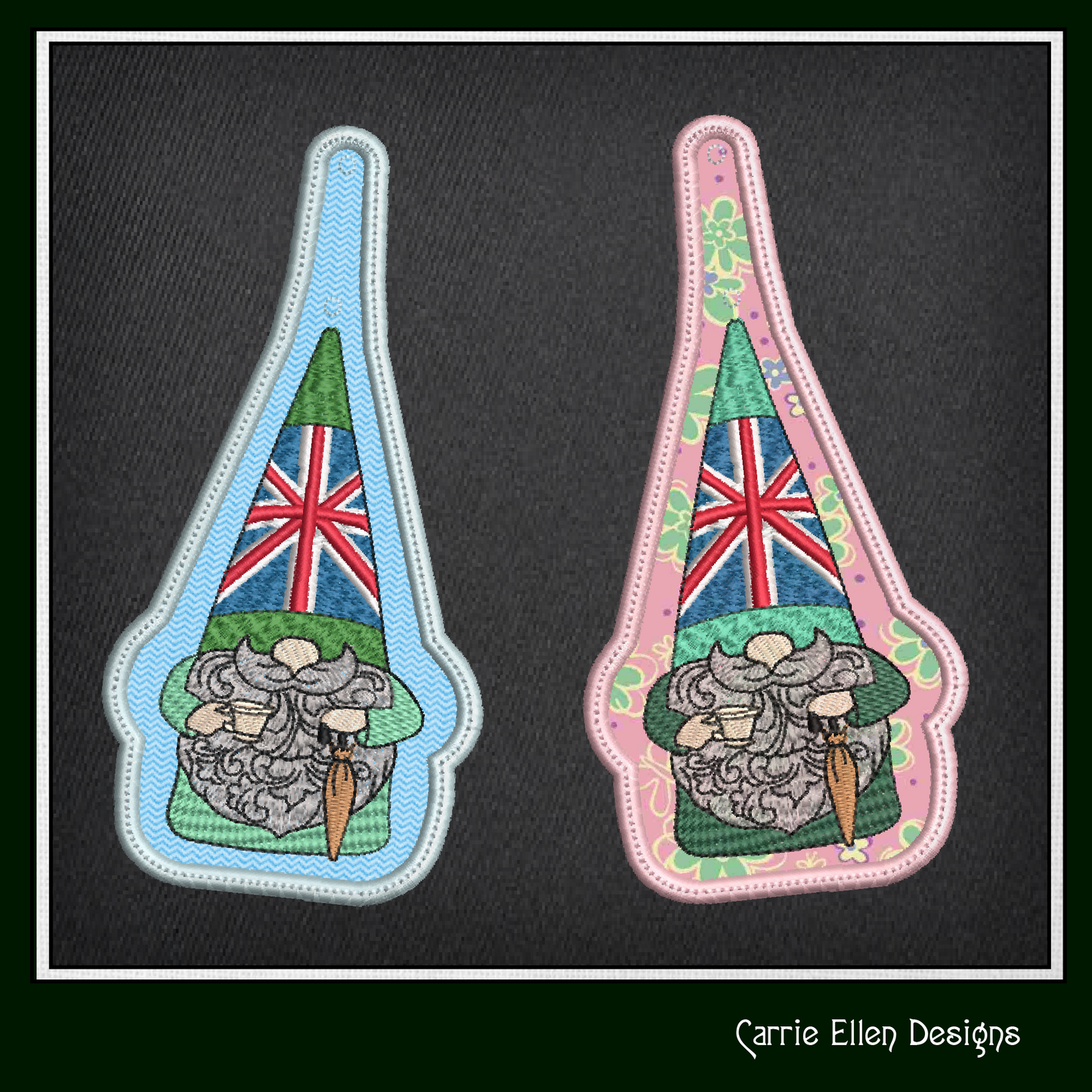 English Gnome ITH Key Fob Machine Embroidery Design | British Flag In-The-Hoop Key Tag Project (1796)