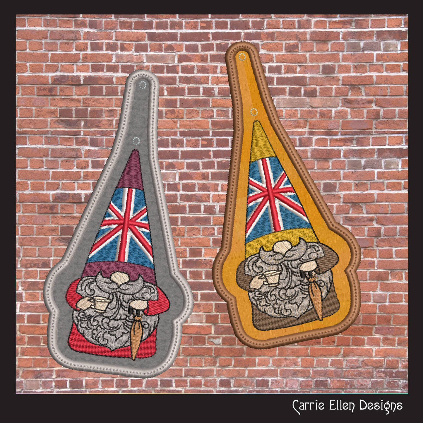 English Gnome ITH Key Fob Machine Embroidery Design | British Flag In-The-Hoop Key Tag Project (1796)