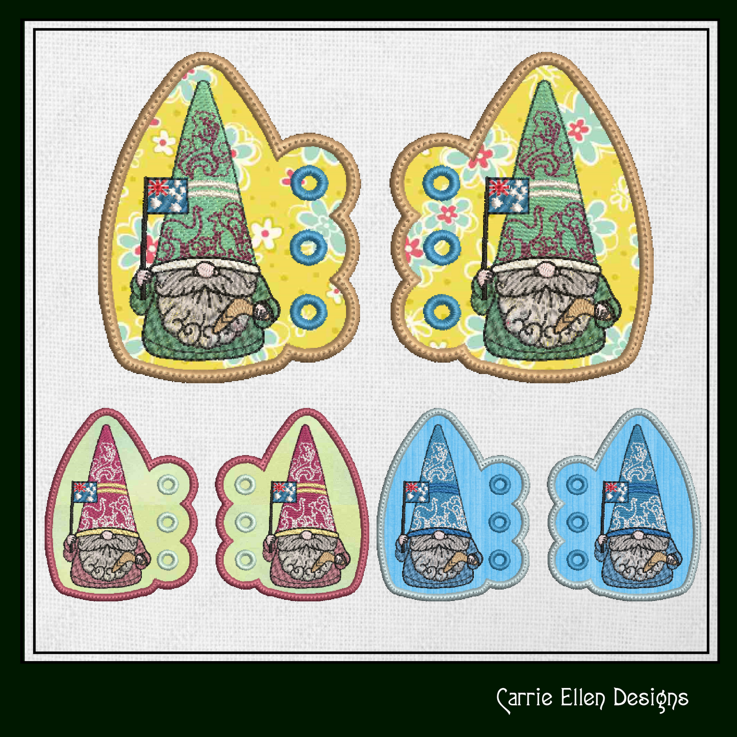 Australian Gnome Shoe Wing ITH Embroidery Design – In The Hoop Gnome with Australian Flag and themed Hat Shoe Charms for Shoes and Boots – 4x4 & 5x7 Hoop (1798)