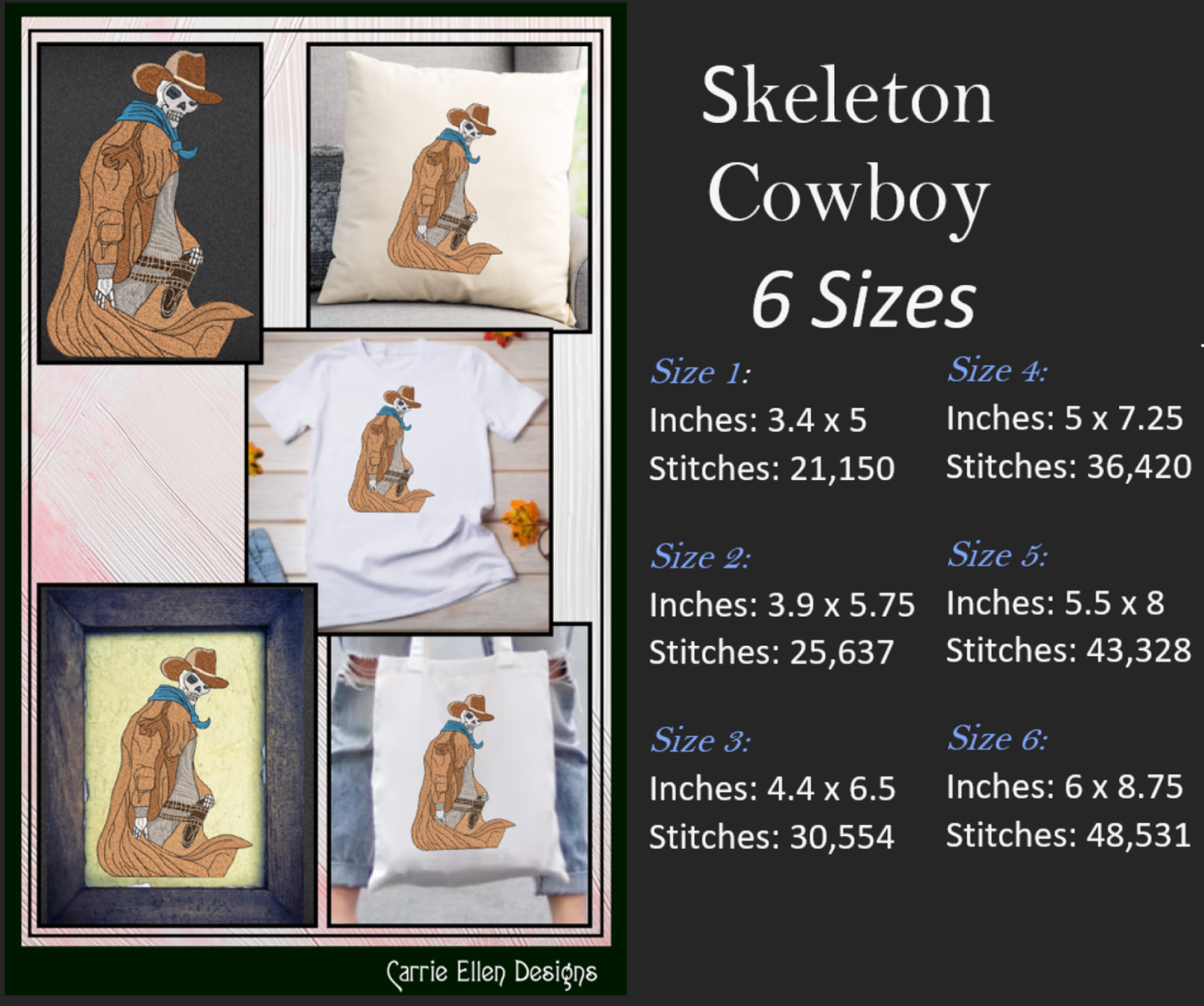 Skeleton Cowboy Machine Embroidery Design | Wild West Ghost Rider Pattern | Spooky Western Halloween Design | 6 Sizes (1807)