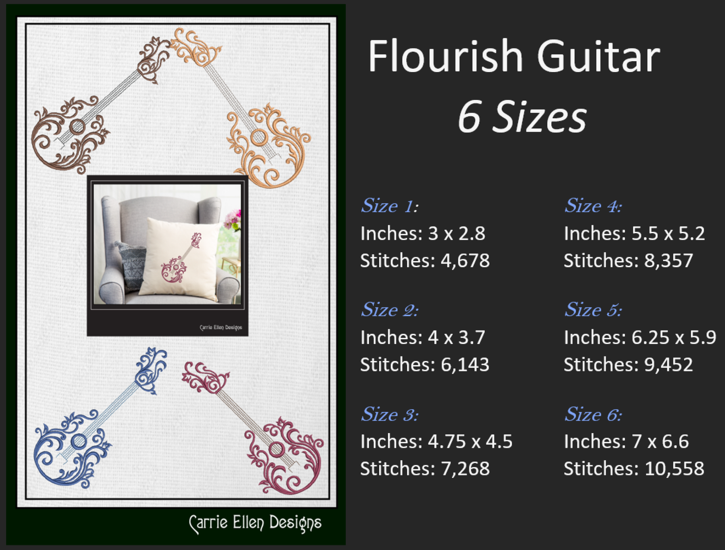 Guitar Machine Embroidery Design | Flourish Style Musical Instrument | Acoustic Guitar Silhouette Stitch | Music Lover Gift | 6 Sizes (1842)