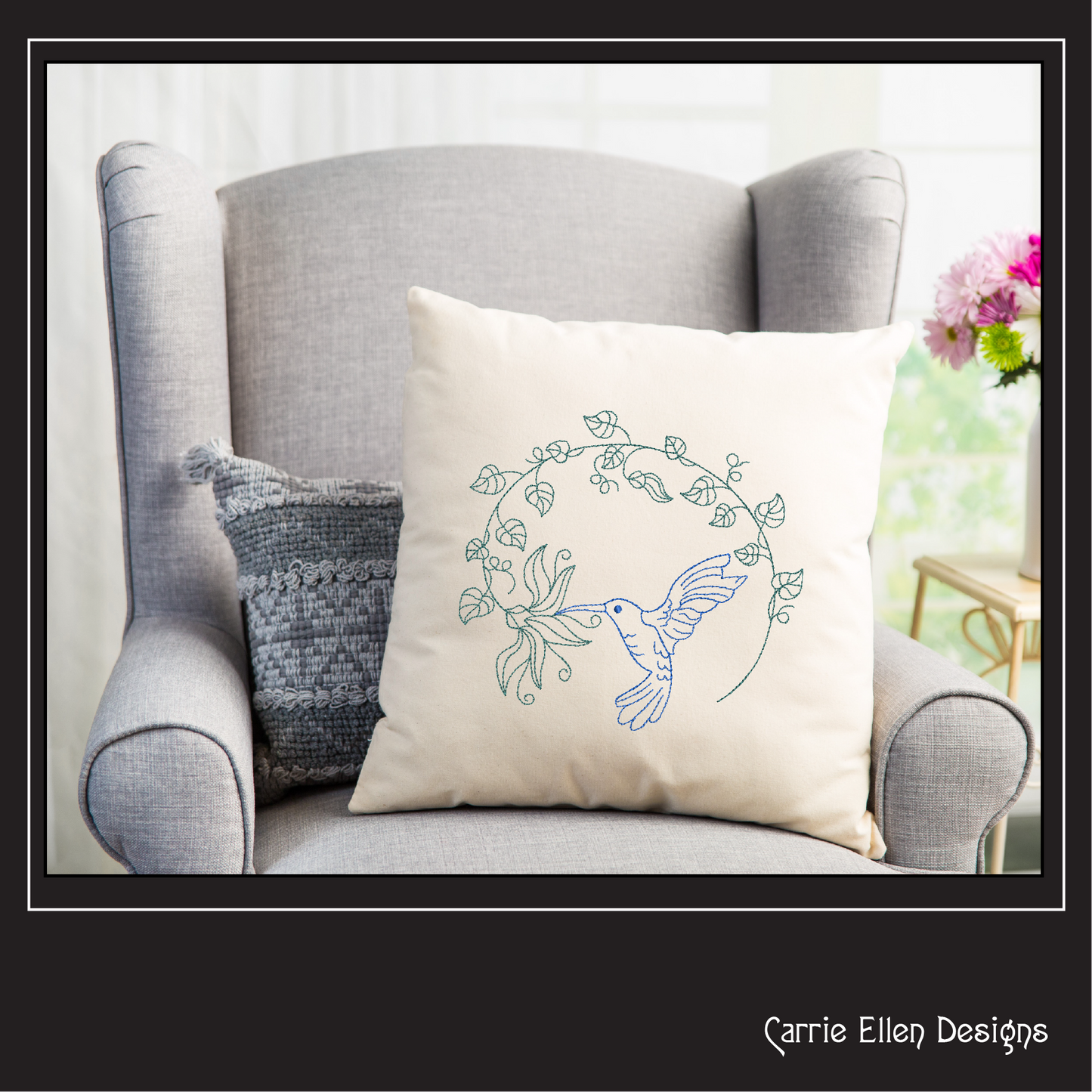 Hummingbird Wreath Machine Embroidery Design | Artistic Sketch of Bird with Leaves | Nature-Inspired Embroidery | 6 Sizes (1843)