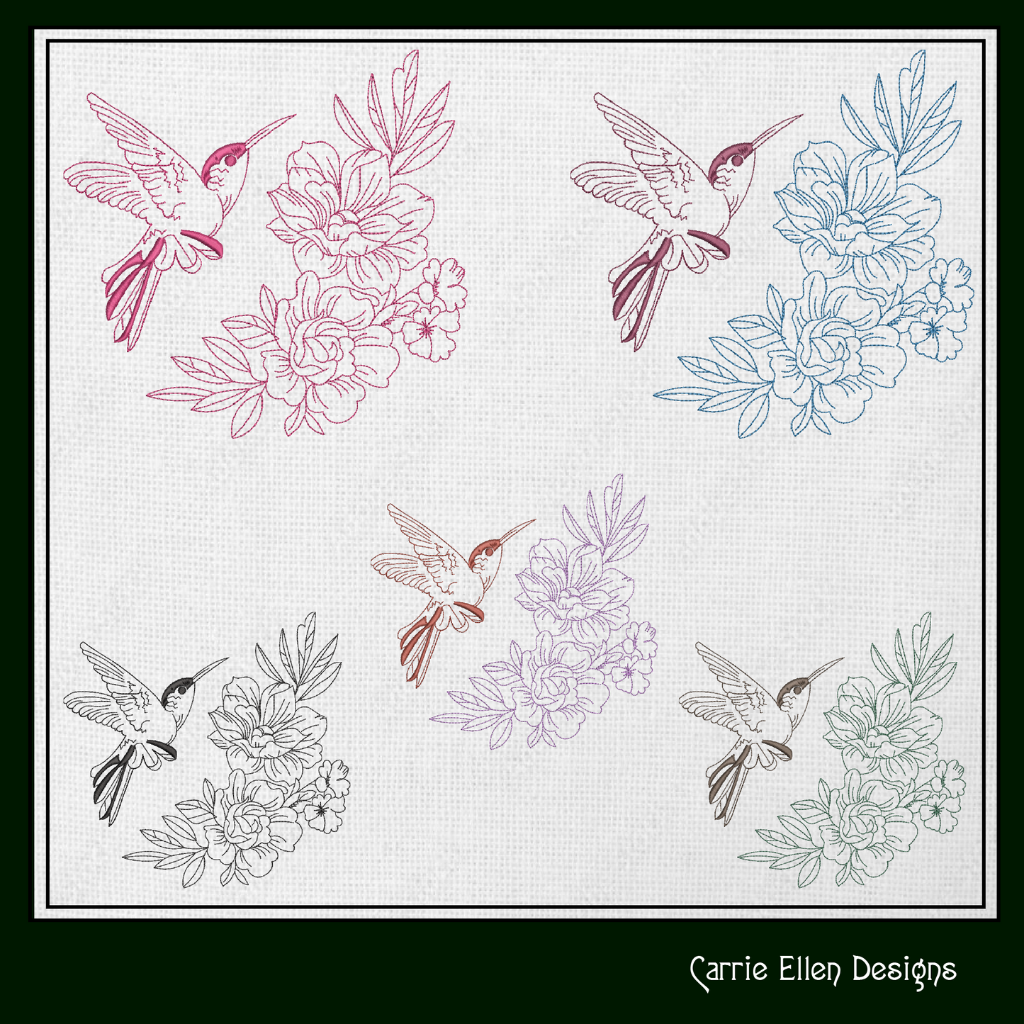Hummingbird Machine Embroidery Design | Flying Bird with Flowers | Artistic Sketch Embroidery | 6 Sizes (1845)
