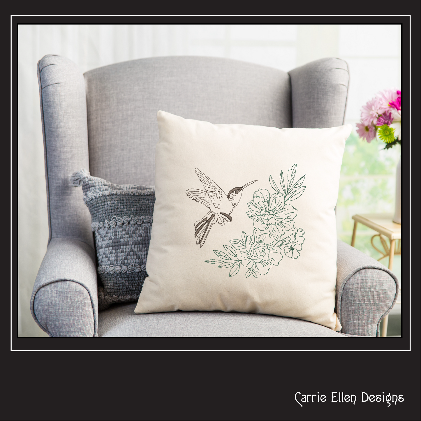 Hummingbird Machine Embroidery Design | Flying Bird with Flowers | Artistic Sketch Embroidery | 6 Sizes (1845)