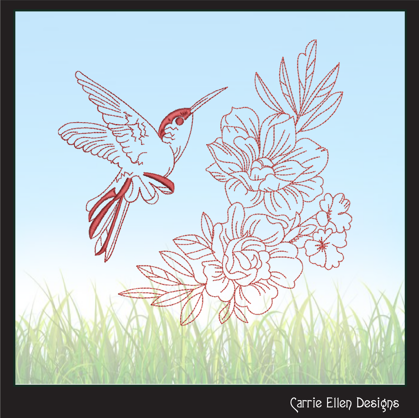 Hummingbird Machine Embroidery Design | Flying Bird with Flowers | Artistic Sketch Embroidery | 6 Sizes (1845)