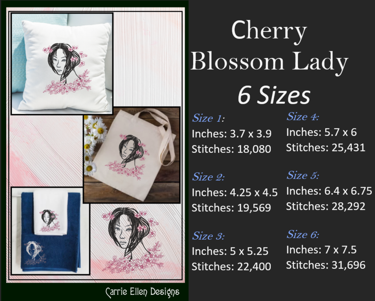 Cherry Blossom Lady Machine Embroidery Design | Woman with Flowers | Artistic Floral Sketch | 6 Sizes (1846)