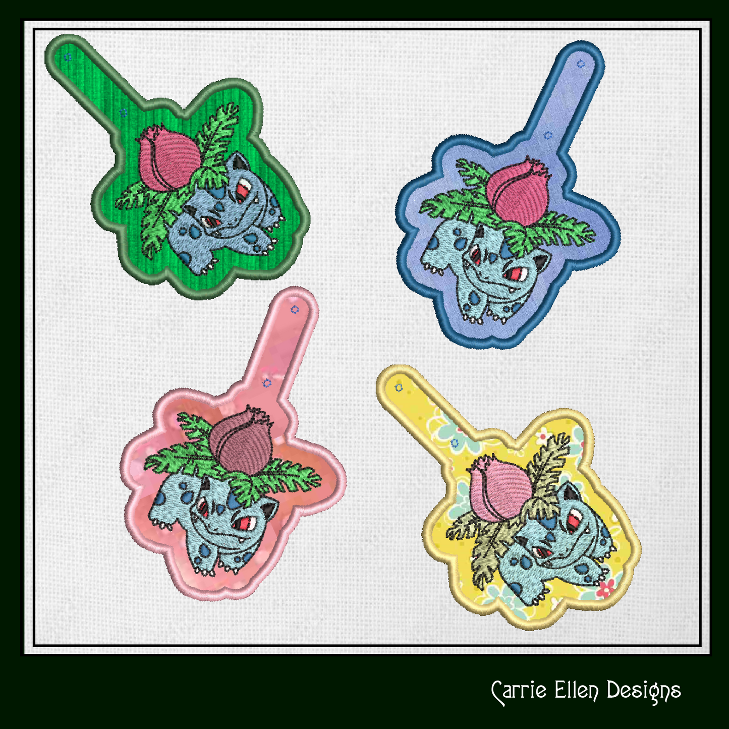 Ivysaur ITH Key Fob Machine Embroidery Design | Pokémon In-The-Hoop Key Tag Project (1861)
