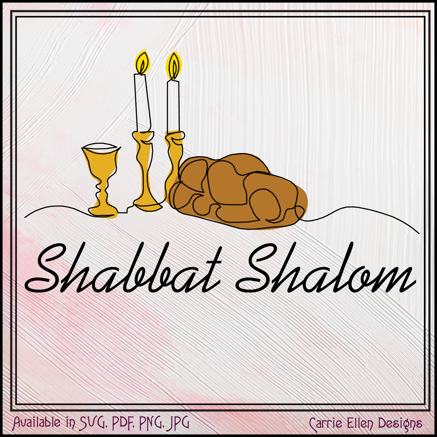 Shabbat Shalom SVG Vector Art Design, Judaica, Challah Bread, Jewish Holiday Candles, Wine Glass (1890)