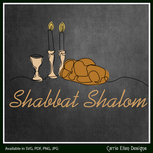 Shabbat Shalom SVG Vector Art Design, Judaica, Challah Bread, Jewish Holiday Candles, Wine Glass (1890)