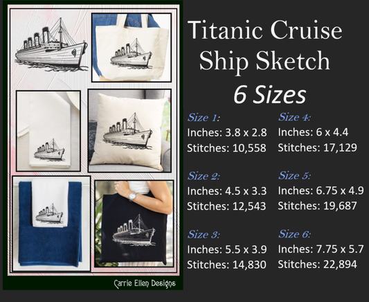 Titanic Machine Embroidery Design | Historic Cruise Ship Sketch Embroidery | Nautical Maritime Design | 6 Sizes (1910)