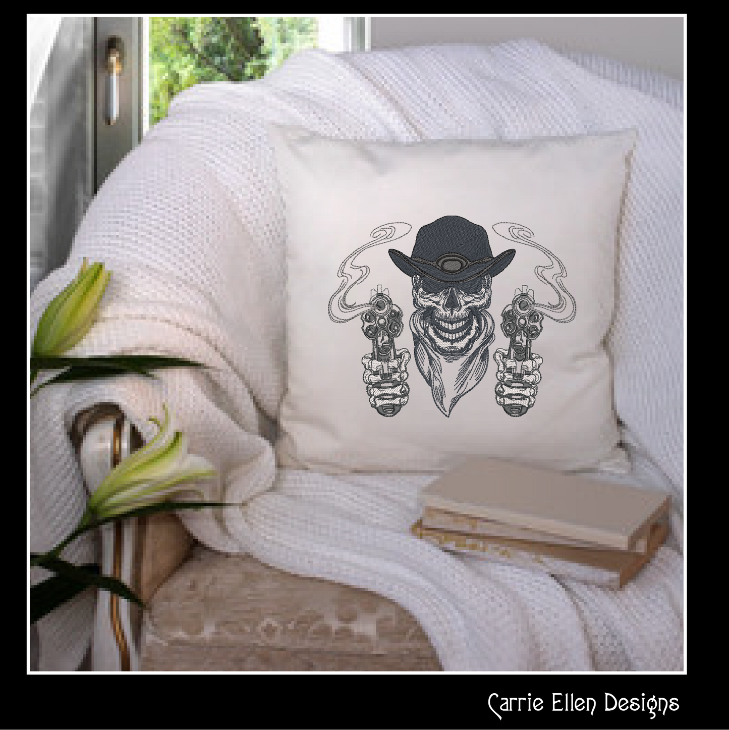 Cowboy Skeleton Machine Embroidery Design | Wild West Gunslinger with Smoking Gun | Western Sketch Style | 6 Sizes (1914)