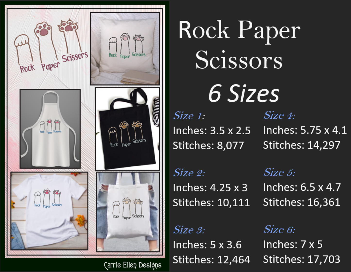Rock Paper Scissors Cat Paw Machine Embroidery Design | Funny Cat Saying Design | Kitty Humor for Pet Lovers | 6 Sizes (1921)