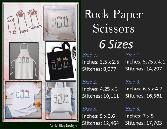 Rock Paper Scissors Cat Paw Machine Embroidery Design | Funny Cat Saying Design | Kitty Humor for Pet Lovers | 6 Sizes (1921)