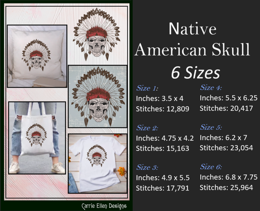 Native American Skull Headdress with Feathers, Indian Skull Machine Embroidery Design, Tribal Skull Art, 6 Sizes (1923)