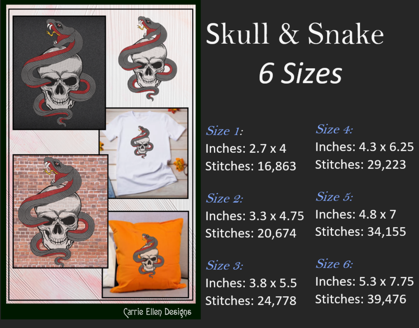 Snake Entwined Skull Machine Embroidery Design | Gothic Skull & Serpent Pattern | Dark Art Embroidery | 6 Sizes (1927)
