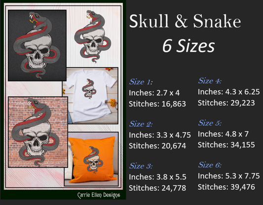 Snake Entwined Skull Machine Embroidery Design | Gothic Skull & Serpent Pattern | Dark Art Embroidery | 6 Sizes (1927)