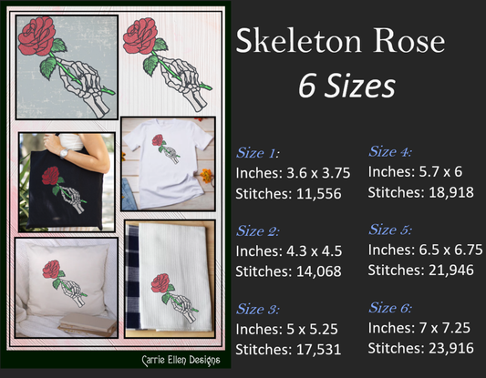 Skeleton Hand Rose Embroidery Design | Gothic Hand Holding Flowers Machine Embroidery Pattern | Dark Romantic Design | 6 Sizes (1929)