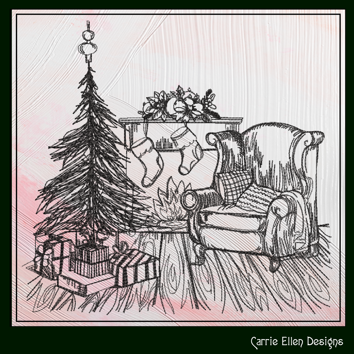 Christmas Morning Sketch Machine Embroidery Design | Cozy Holiday Line Art Pattern | Christmas Tree & Gifts Scene | 6 Sizes (1936)