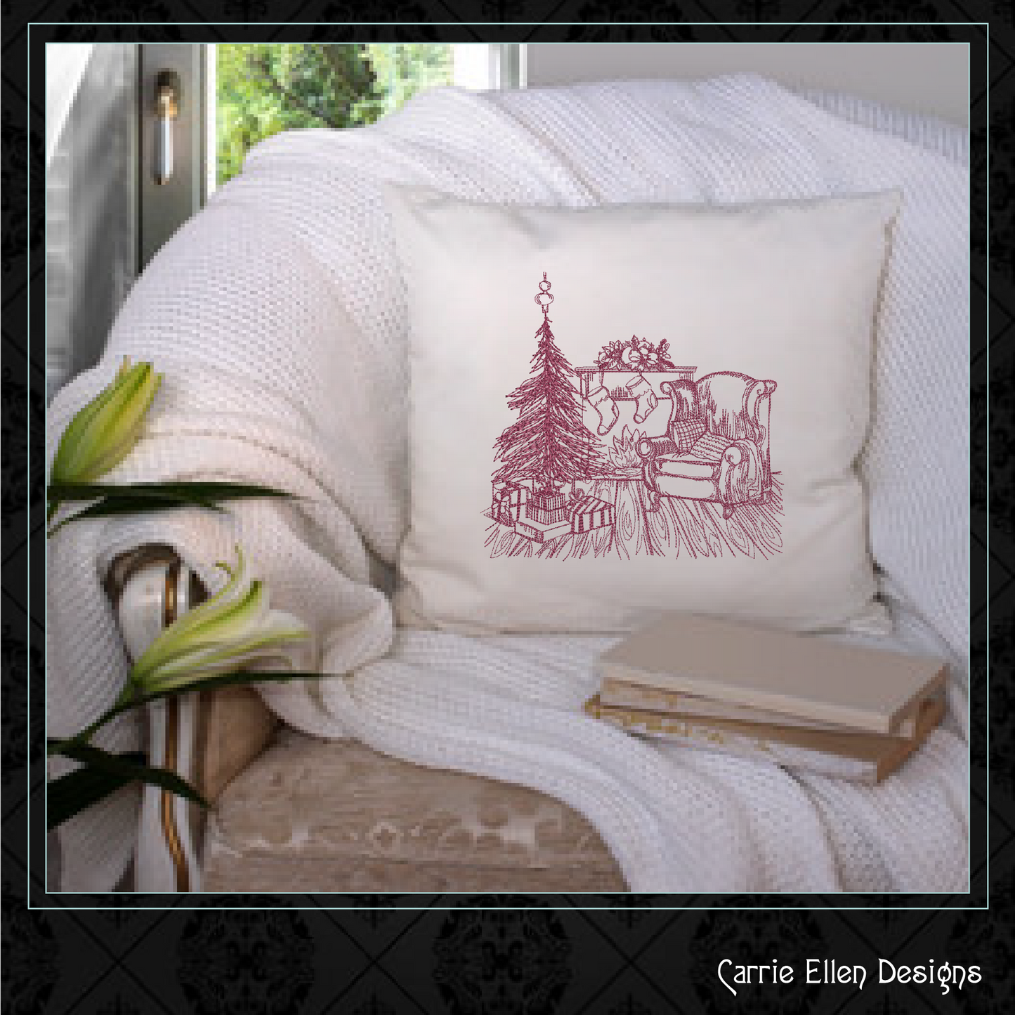 Christmas Morning Sketch Machine Embroidery Design | Cozy Holiday Line Art Pattern | Christmas Tree & Gifts Scene | 6 Sizes (1936)