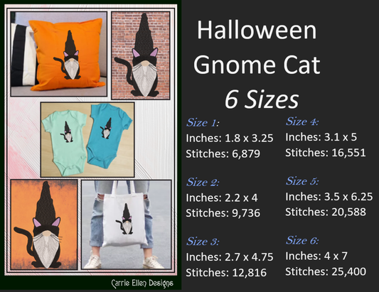 Gnome Halloween Cat Machine Embroidery Design, Holiday Black Cat Embroidery, Witch Cat Embroidery, 6 Sizes (1980)