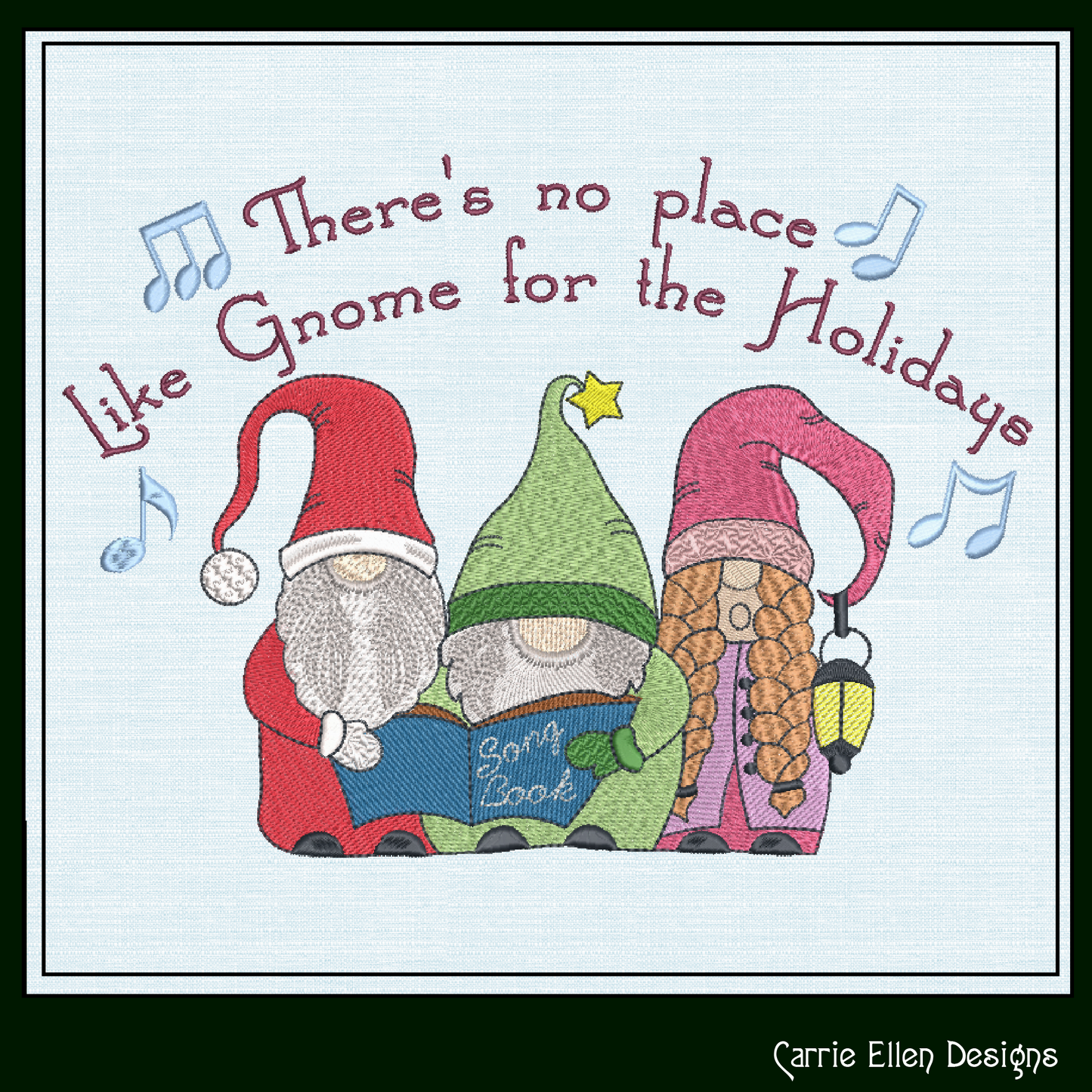 Caroling Christmas Gnome Machine Embroidery Design – Holiday Gnome Carolers Singing – 6 Sizes (1993)
