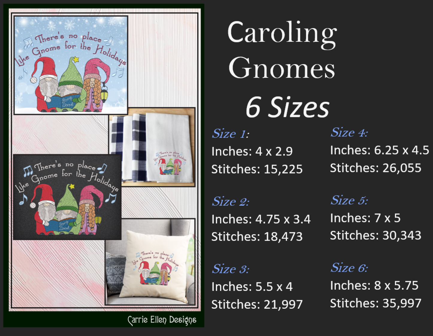 Caroling Christmas Gnome Machine Embroidery Design – Holiday Gnome Carolers Singing – 6 Sizes (1993)