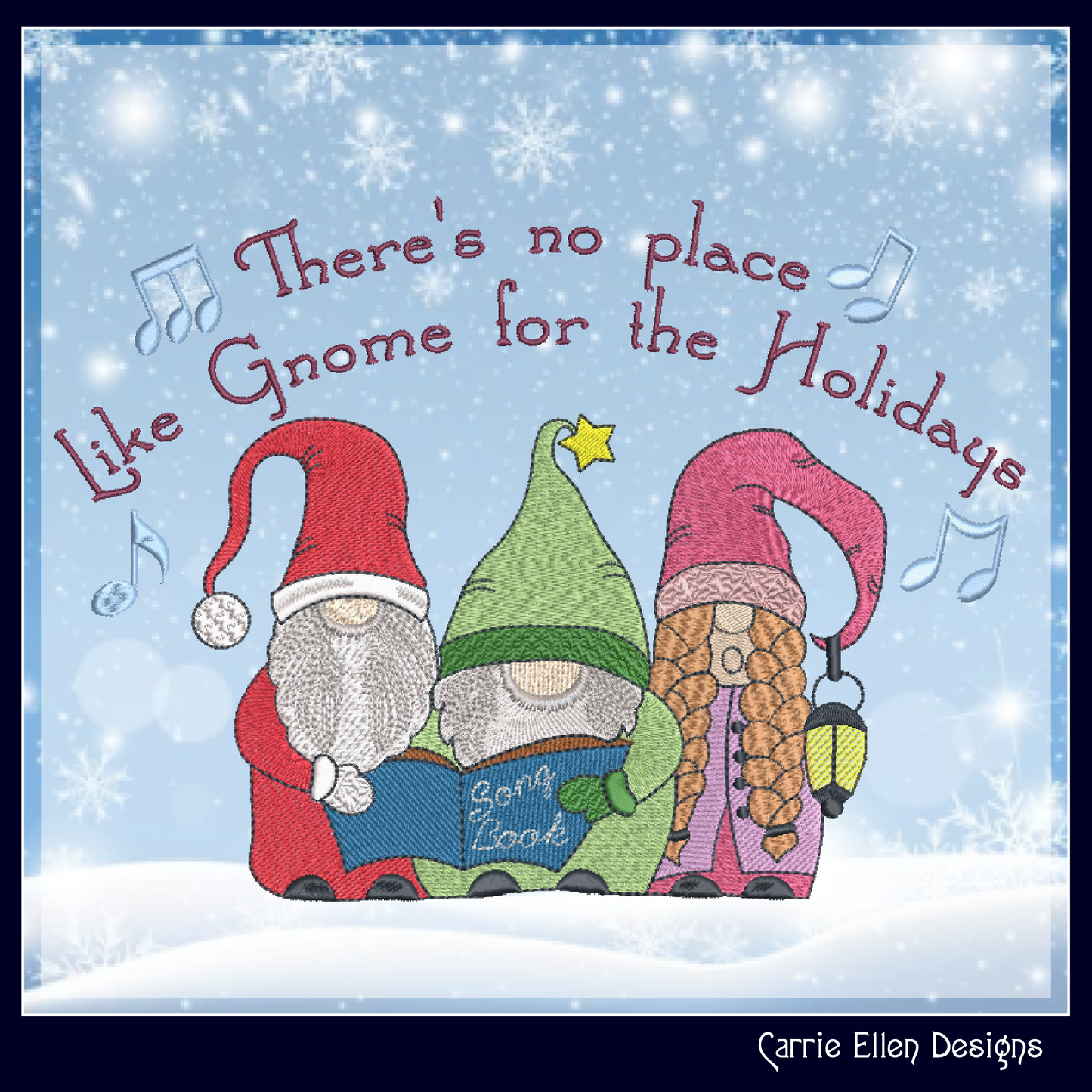 Caroling Christmas Gnome Machine Embroidery Design – Holiday Gnome Carolers Singing – 6 Sizes (1993)