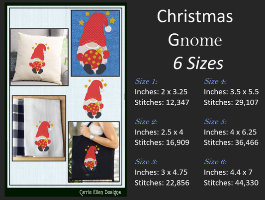 Christmas Gnome Machine Embroidery Design – Holiday Gnome with Christmas Ornament – 6 Sizes (1996)