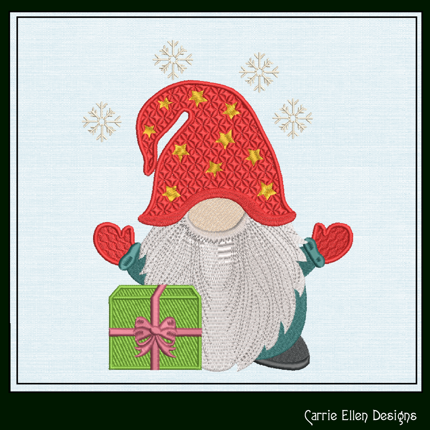 Christmas Gnome Machine Embroidery Design – Holiday Gnome with Present – 6 Sizes (1997)
