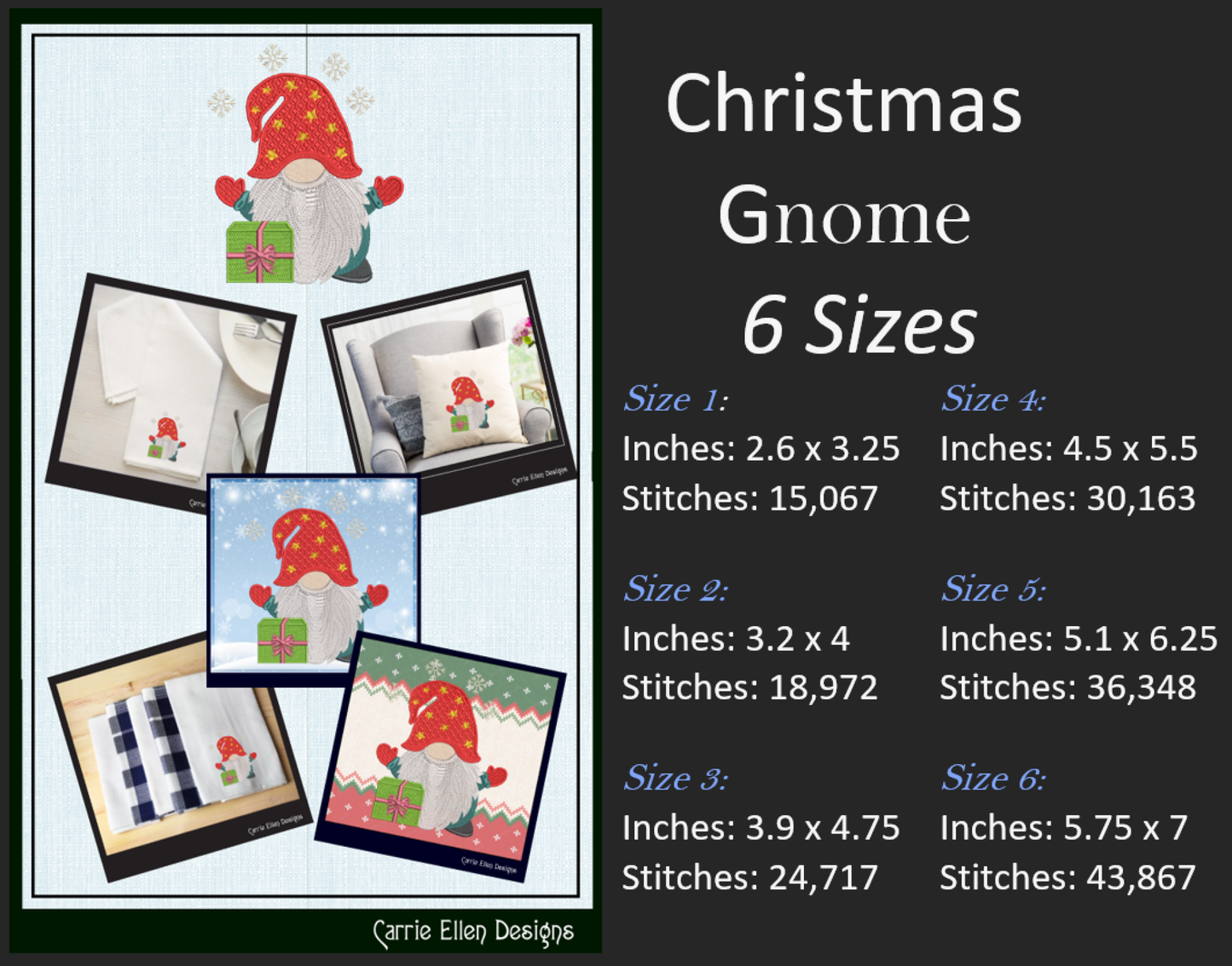 Christmas Gnome Machine Embroidery Design Bundle – 3 Festive Holiday Gnome Patterns, 6 Sizes Each (2150)
