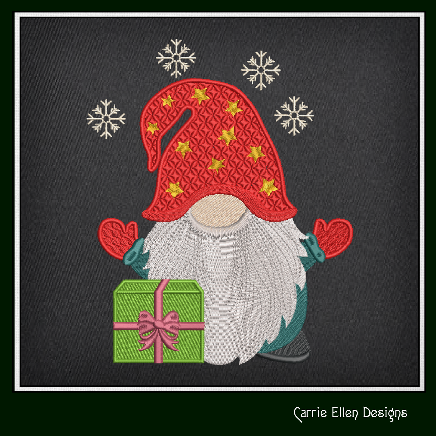 Christmas Gnome Machine Embroidery Design – Holiday Gnome with Present – 6 Sizes (1997)