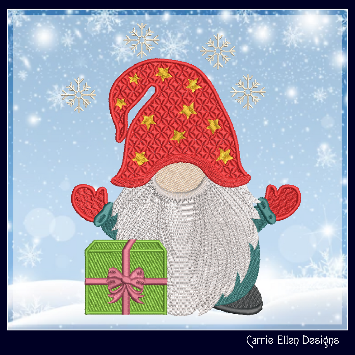 Christmas Gnome Machine Embroidery Design – Holiday Gnome with Present – 6 Sizes (1997)