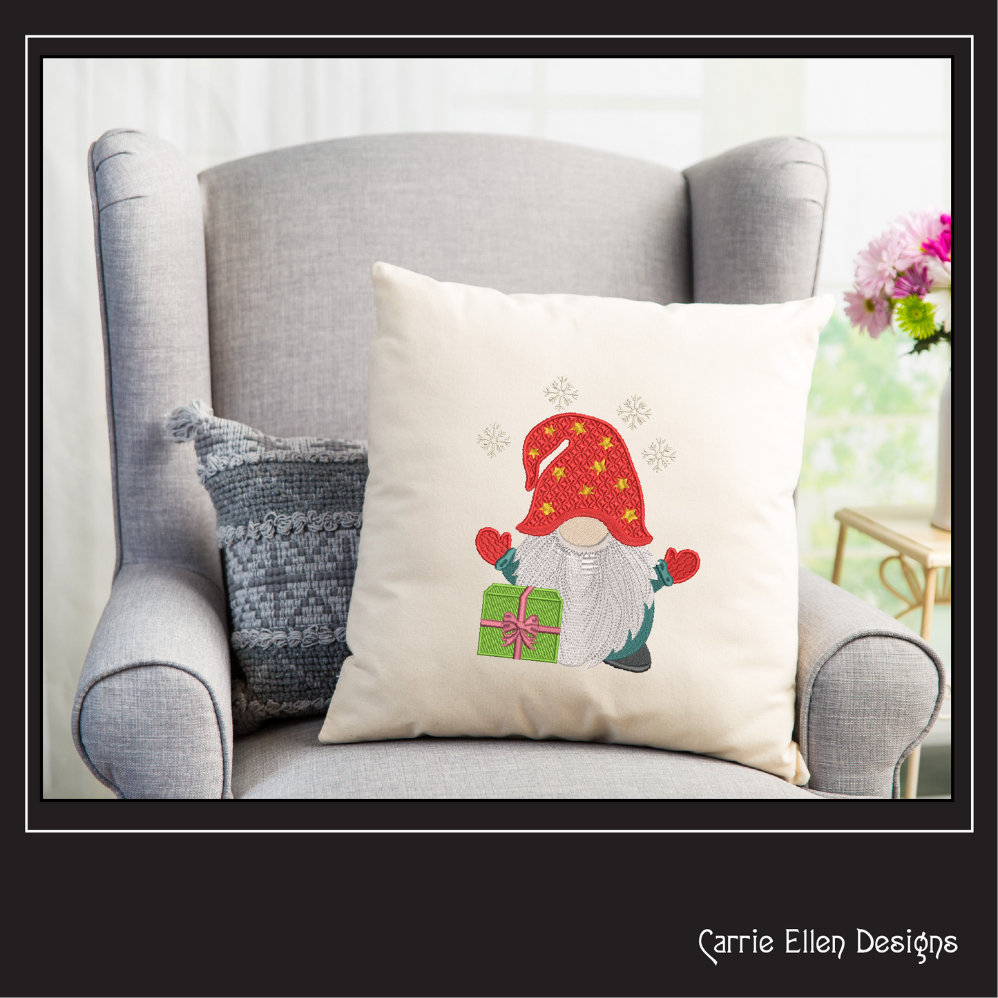 Christmas Gnome Machine Embroidery Design – Holiday Gnome with Present – 6 Sizes (1997)