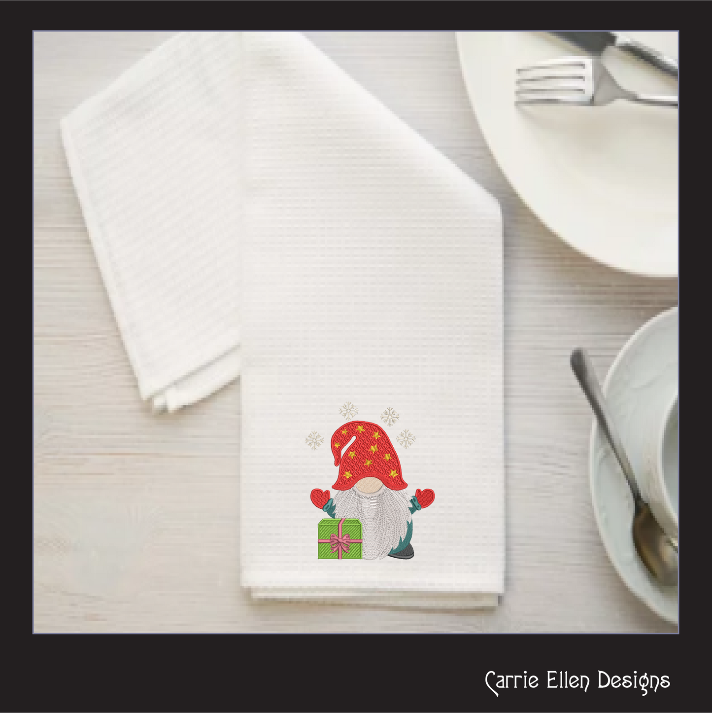 Christmas Gnome Machine Embroidery Design – Holiday Gnome with Present – 6 Sizes (1997)