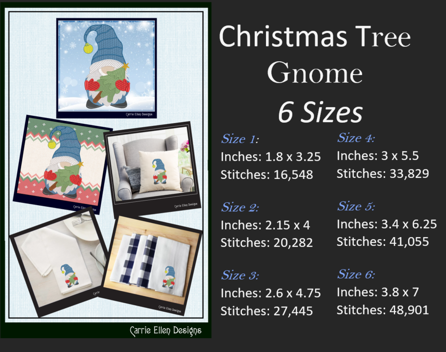 Christmas Gnome Machine Embroidery Design Bundle – 3 Festive Holiday Gnome Patterns, 6 Sizes Each (2150)