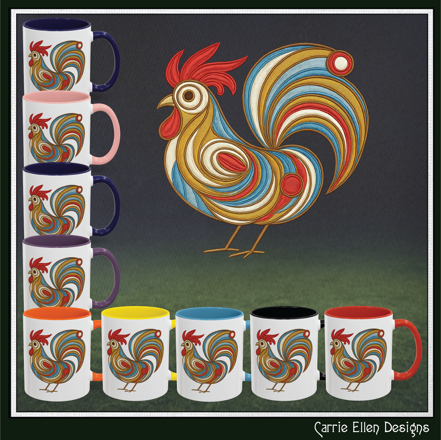 Colorful Rooster Accent Coffee Mug – Abstract Farmhouse Animal Embroidery Styled Print | 11oz & 15oz Ceramic (P-6081)