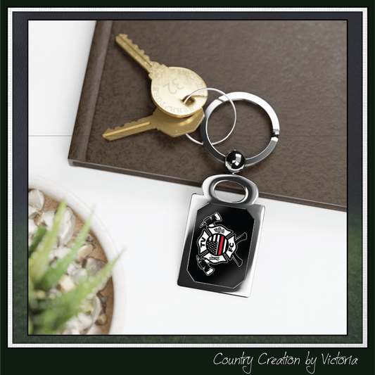 TV FC Thin Red Line Flag Firefighter Maltese Cross Keyring | Rectangle Metal Photo Keychain (3008)
