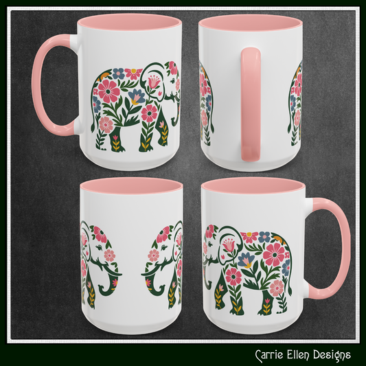 Floral Elephant Accent Coffee Mug | Boho Elephant Ceramic Mug | 11oz & 15oz Color Accent Mug (4271)