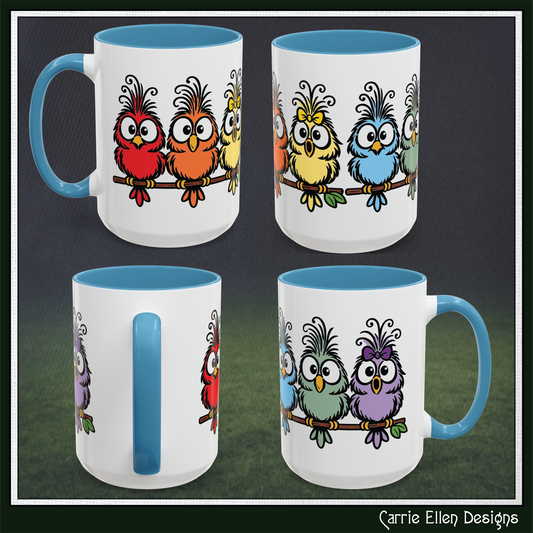 Colorful Cartoon Birds Coffee Mug — Chicks on a Stick 11/15oz Accent Mug (4278)