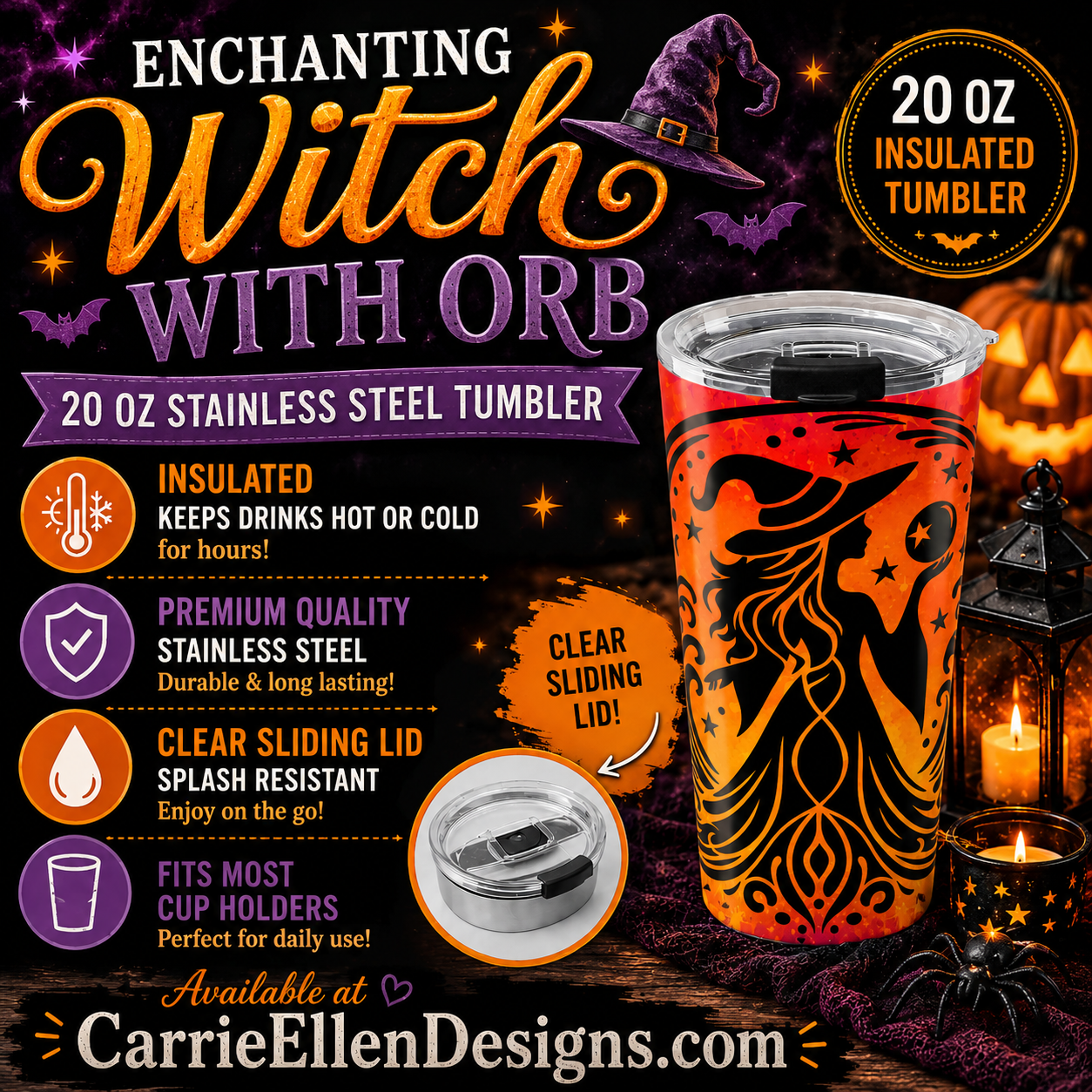 Mystical Witch with Orb 20 oz Stainless Steel Insulated Tumbler | Halloween Travel Mug (4284)