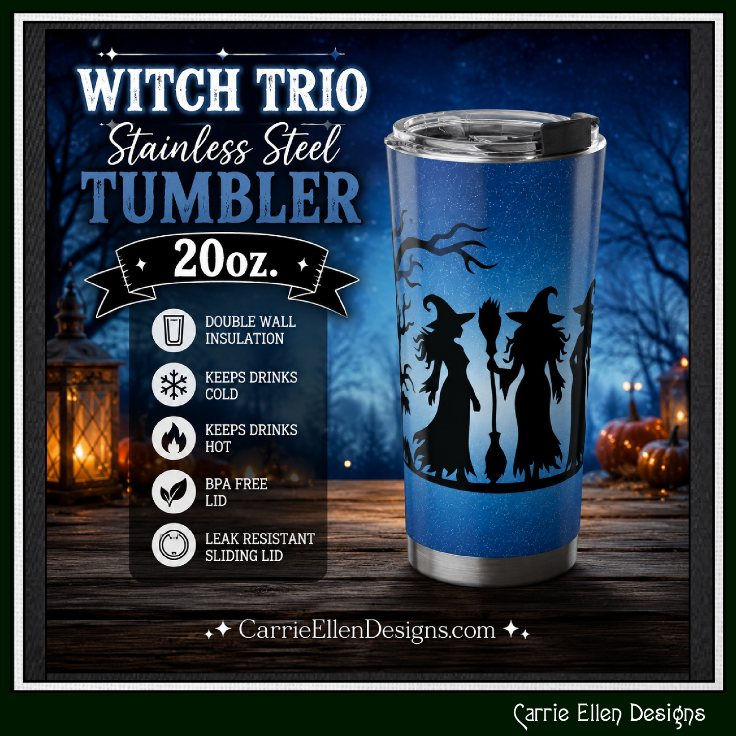 Witch Trio 20 oz Stainless Steel Tumbler | Insulated Travel Mug (4289)