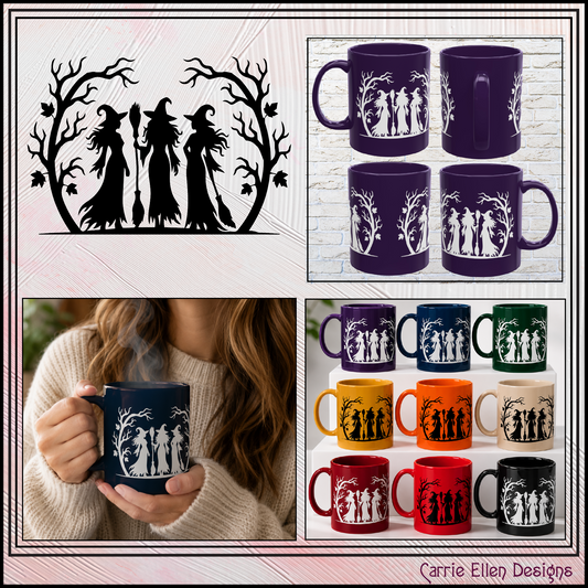 Witch Trio 11 oz Ceramic Coffee Mug | Halloween Witch Mug | 9 Color Choices (4290)